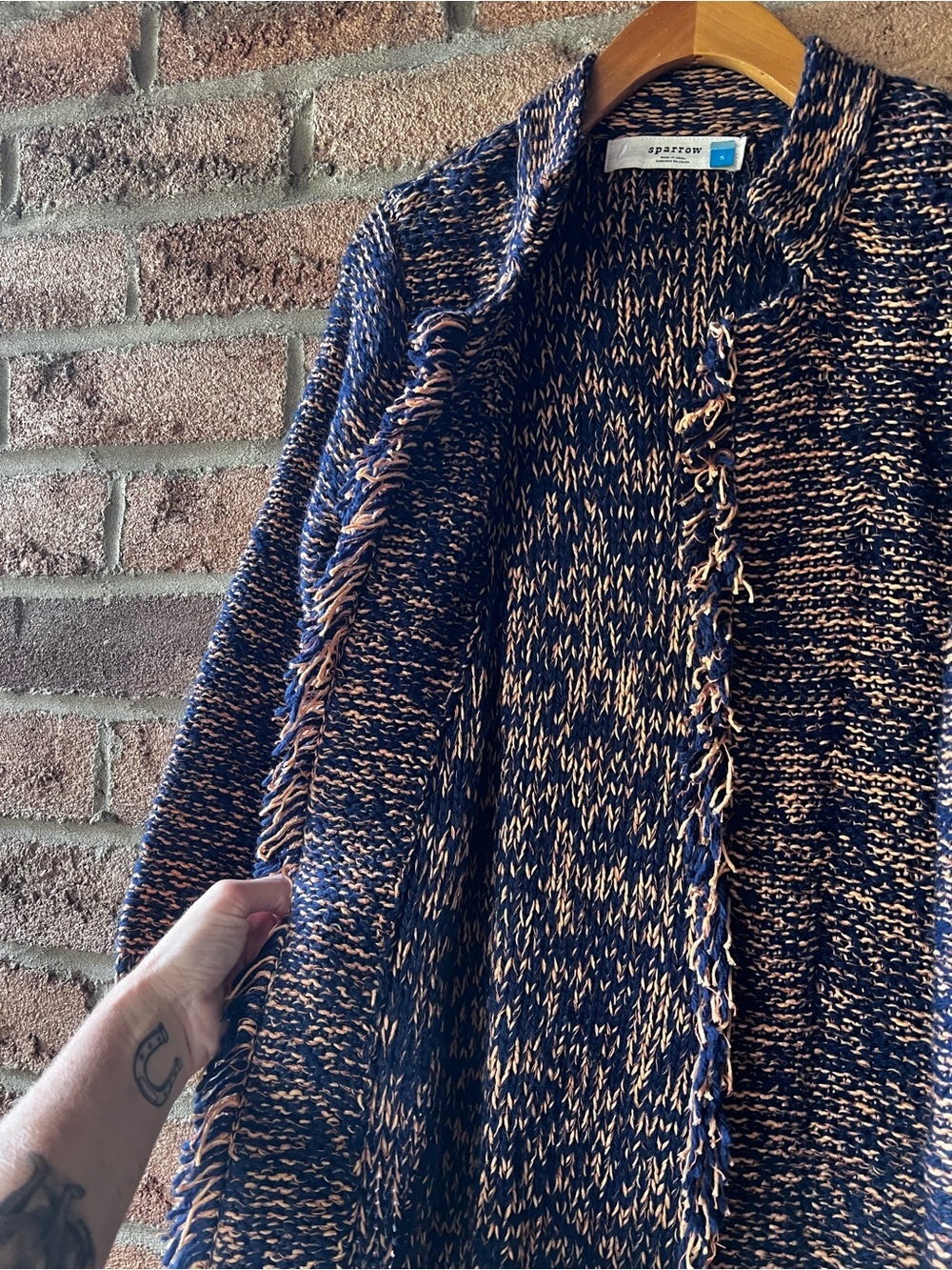 Anthropologie Sparrow Marled Peat Linen Wool Fringe Cardigan Sweater S - Picture 8 of 16